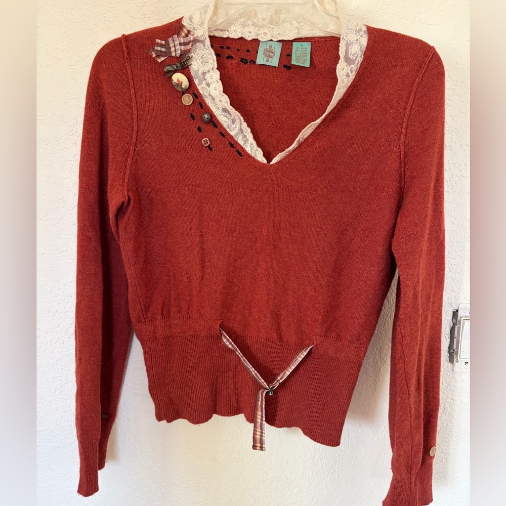 Rust Red Lace-Trim V-Neck Sweater with Button & Bow Accents